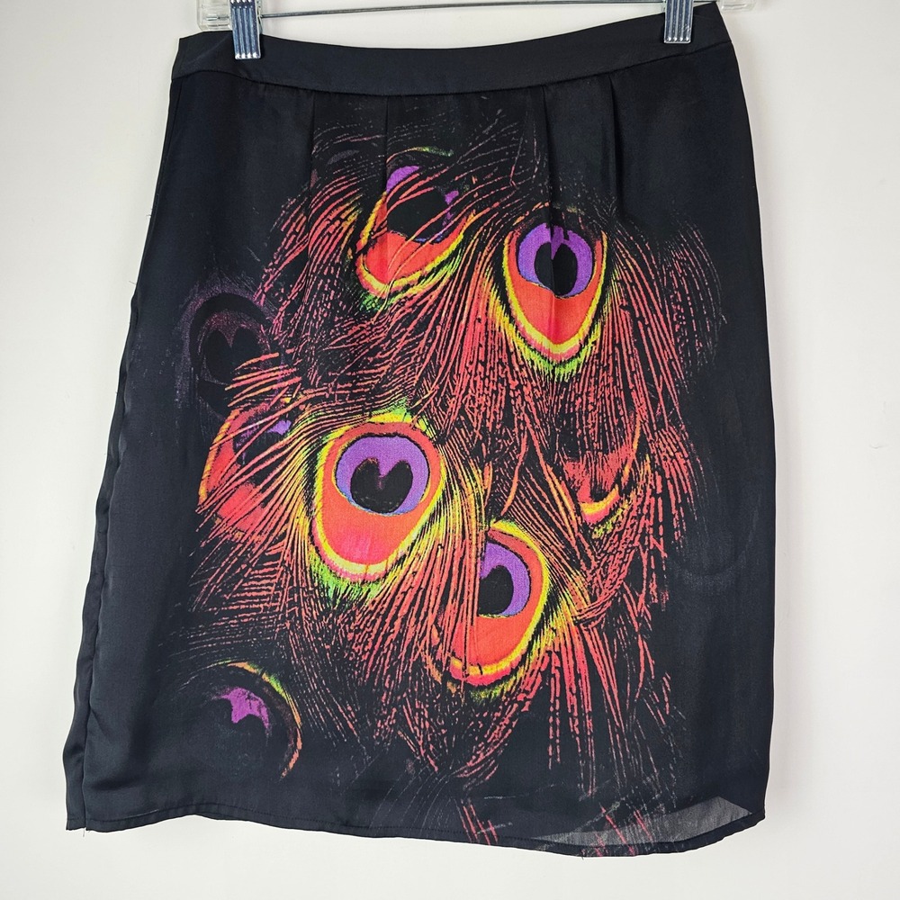 Comma Black Peacock Feather Print Mini Skirt UK 34 Multi-Color Graphic